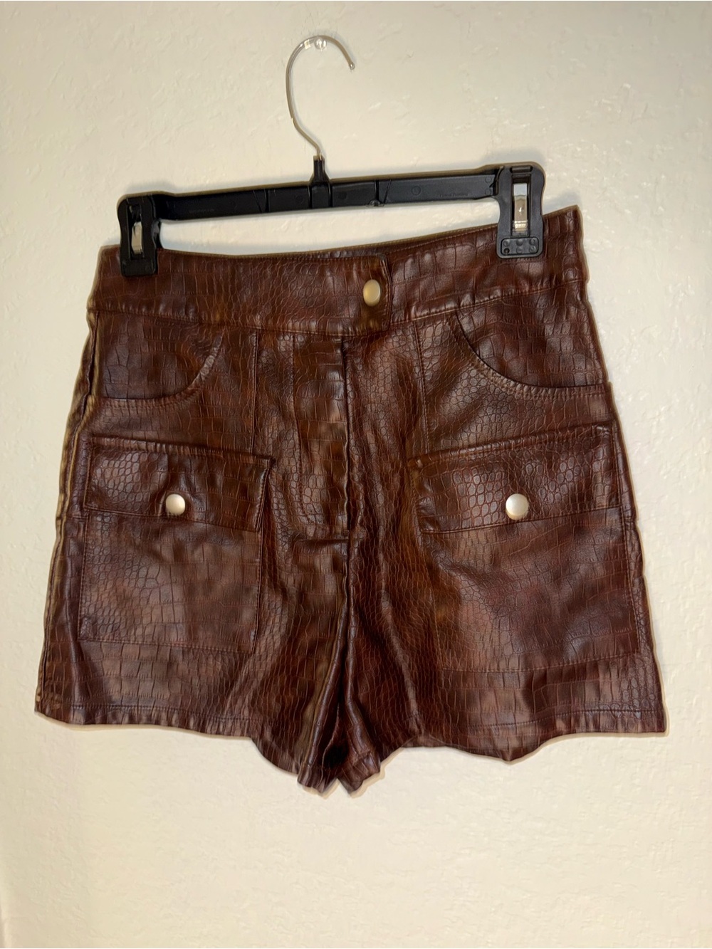 SHEIN Brown Faux-Croc High Waist Pocket Shorts